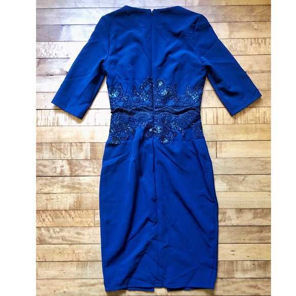 Navy Blue Pencil Dress with Lace Details - Picture 2 of 4